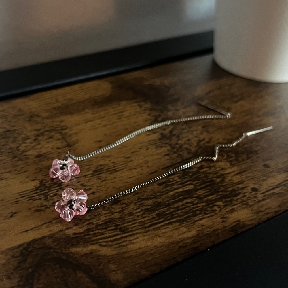 Pink flower threader earrings
